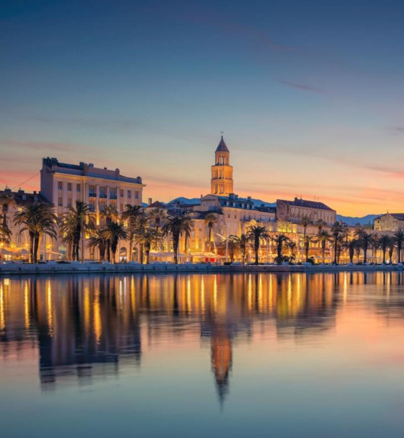 panoramic view of centre of Split and Diocletian's Palace at sunset